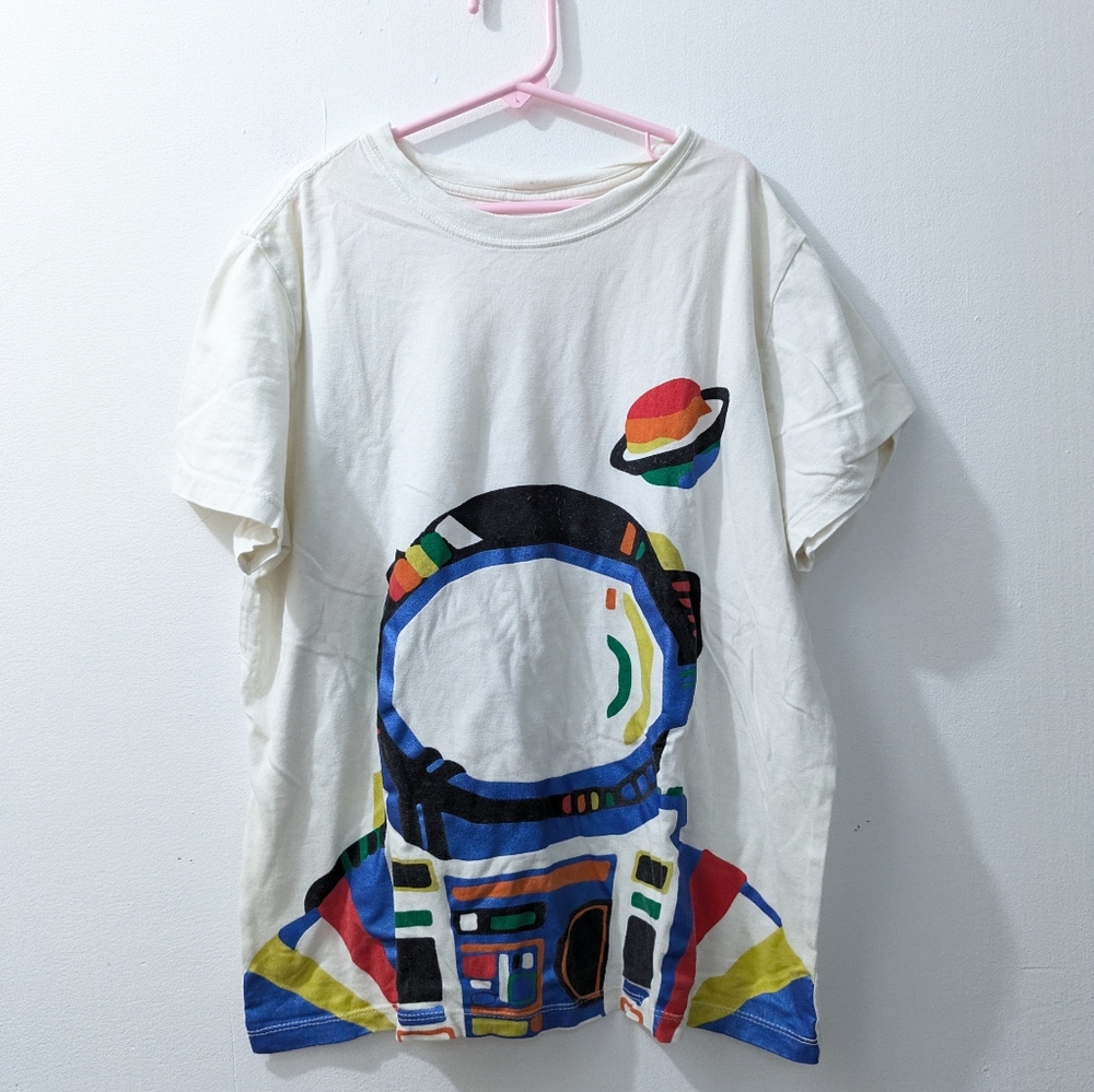 Hanna Andersson White Short Sleeve Shirt Rainbow Astronaut Boys 12